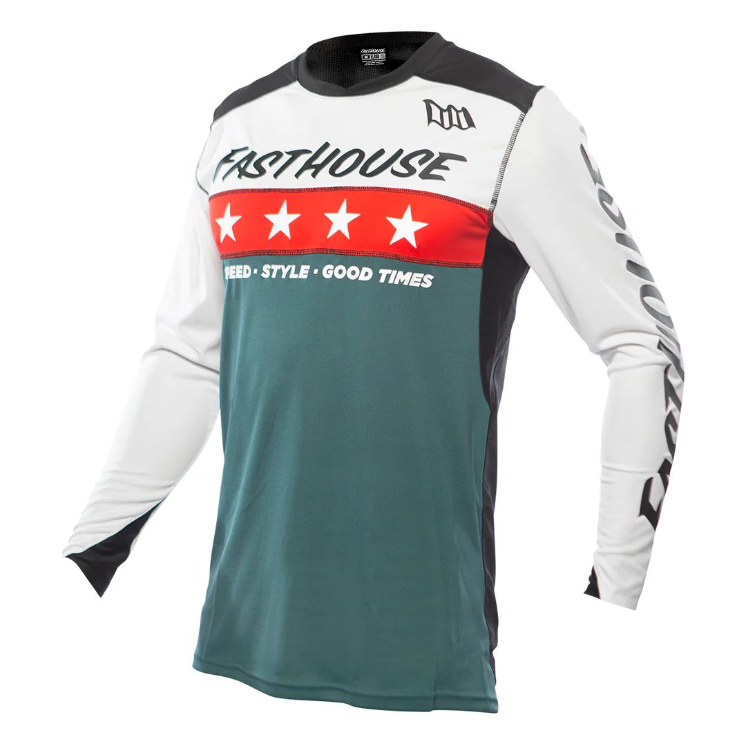 Long-sleeve cycling jersey with white sleeves, red star stripe, teal body panel.