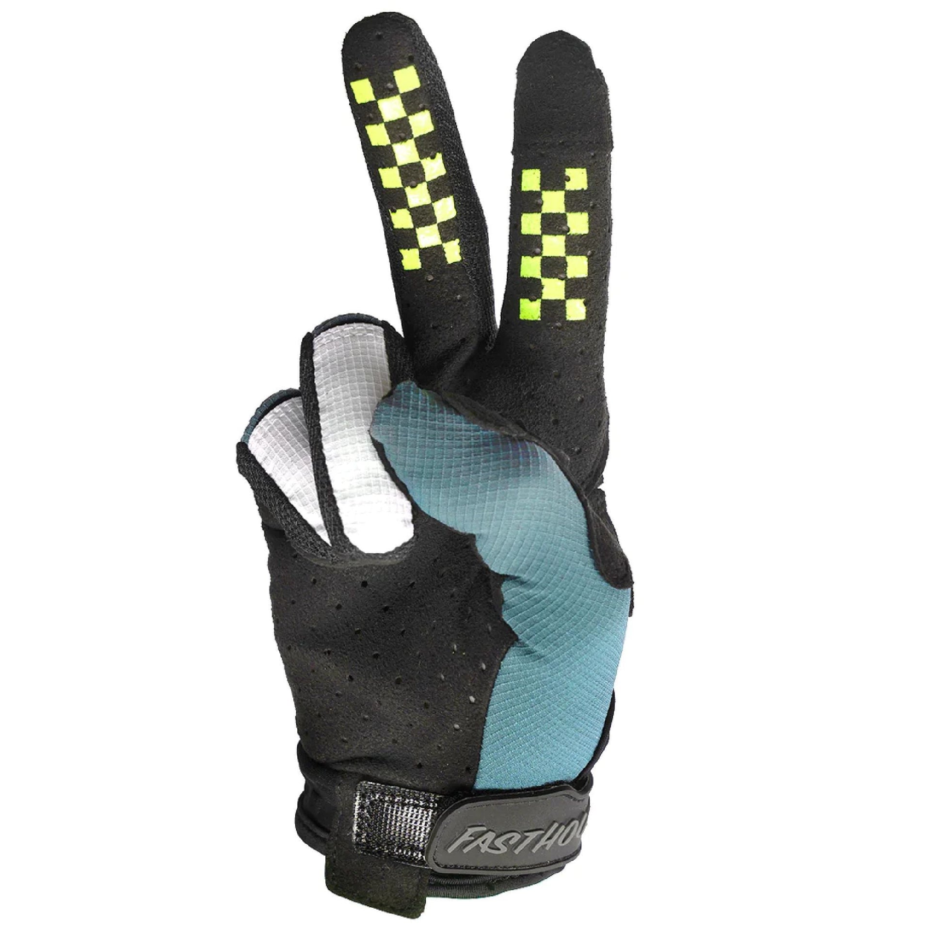 Black and light blue motocross glove with neon checker finger panels and Fasthouse logo