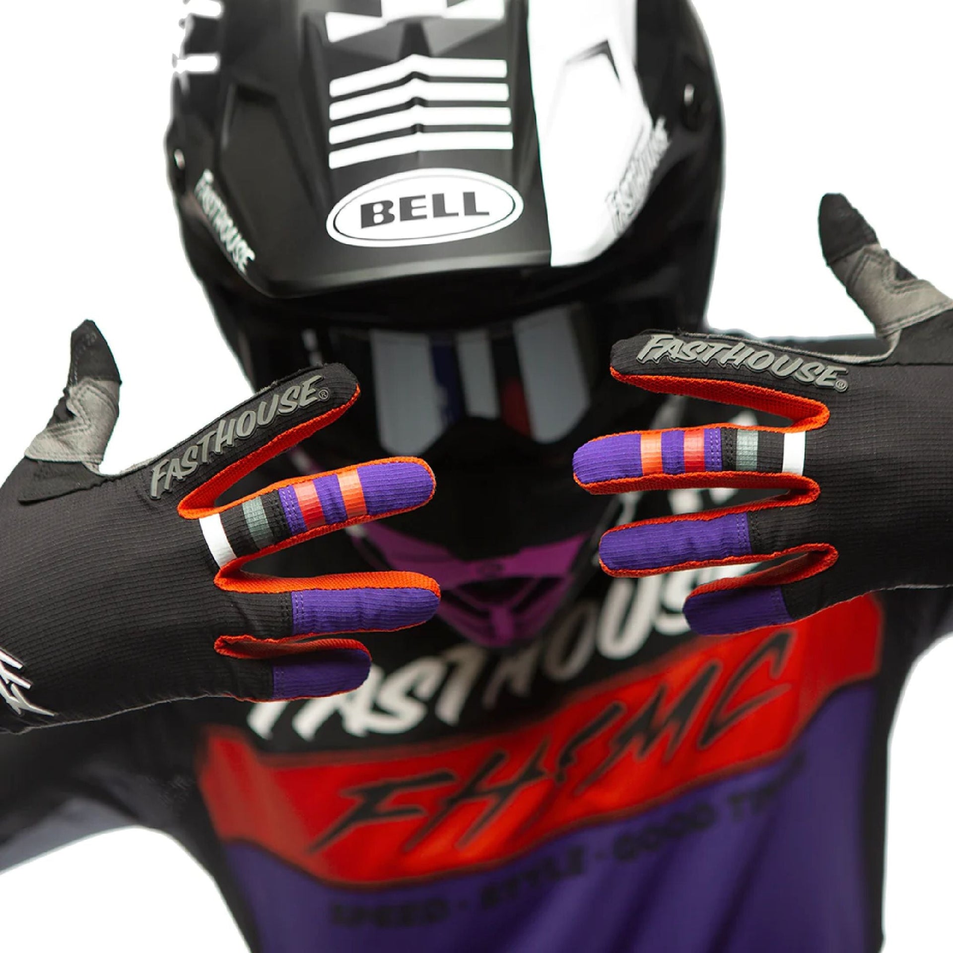 Multicolor motocross glove with Fasthouse logo and red, purple, blue graphics on back