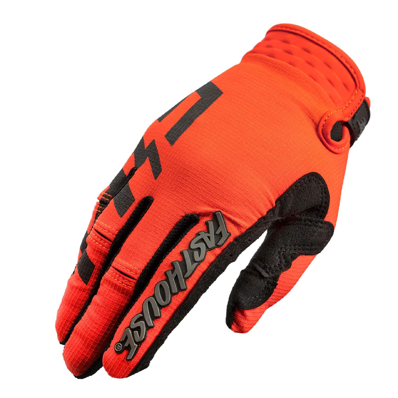 Red motocross glove with black palm panel and Fasthouse logo graphic