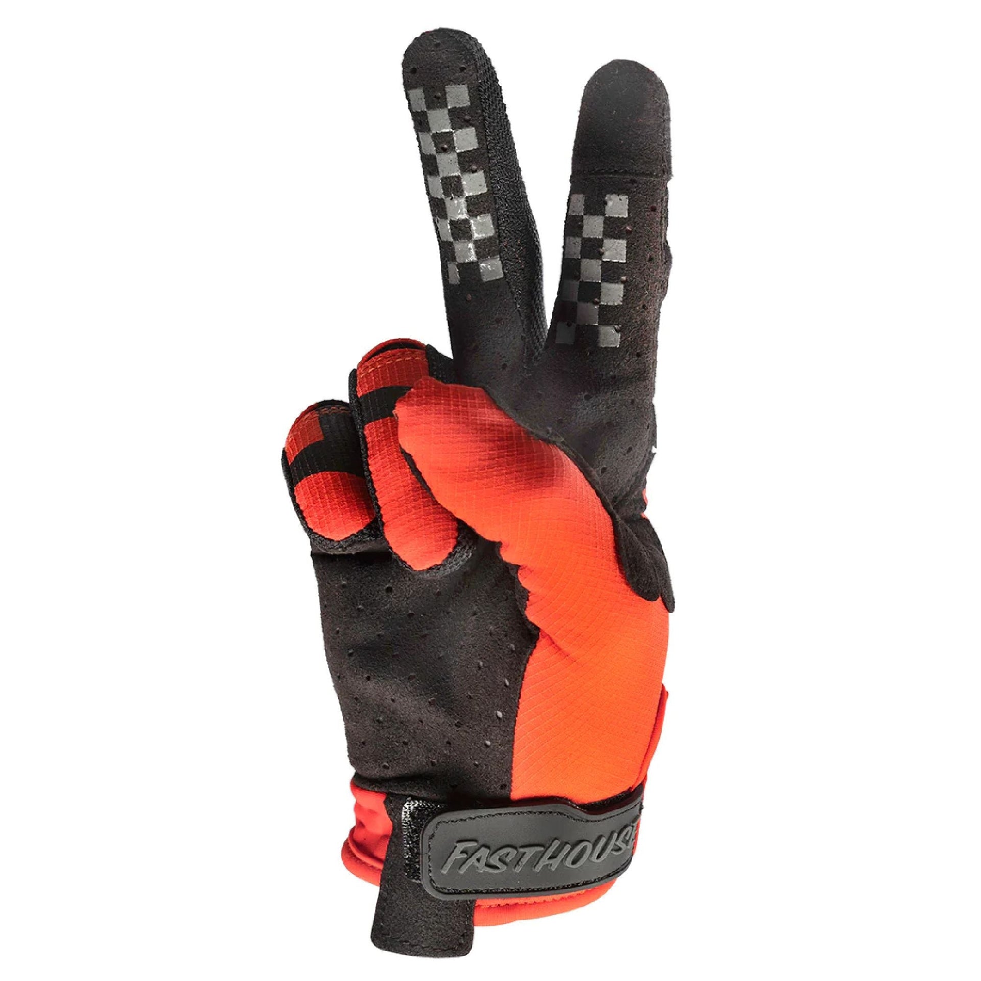 Red and black riding glove with Fasthouse cuff logo and checkered finger panels