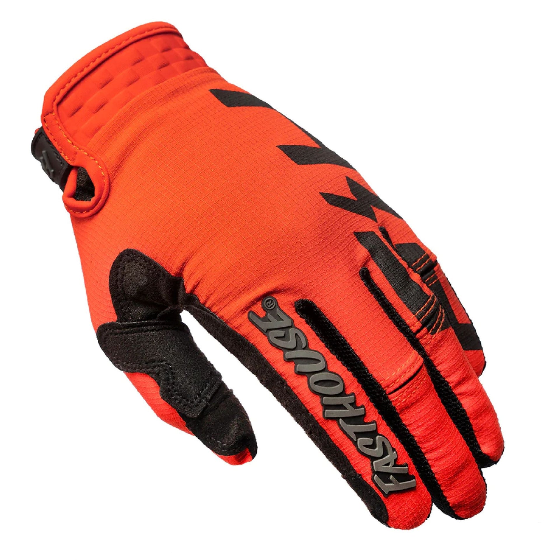 Red motocross glove with black Fasthouse logo band and star accents on back