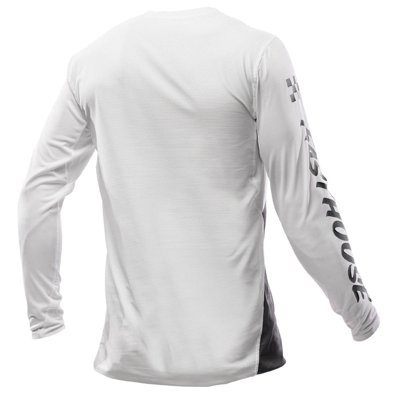 Long-sleeve off-road jersey, back view in white with black side print and logo