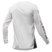 Long-sleeve off-road jersey, back view in white with black side print and logo
