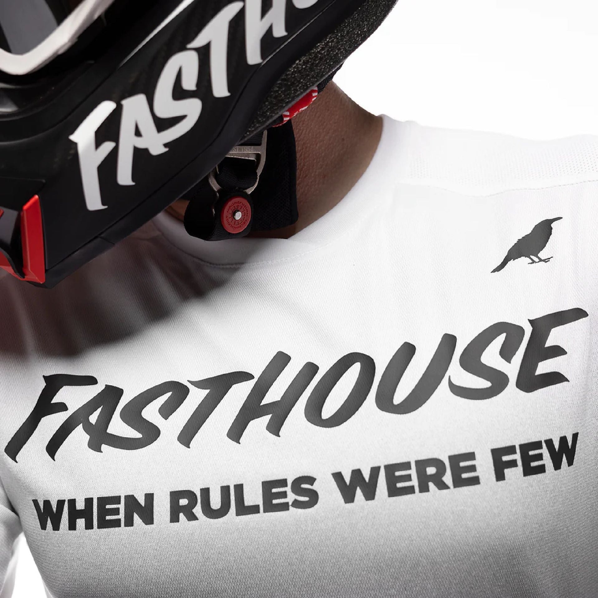Long-sleeve jersey close-up: Fasthouse logo and 'When rules were few' text