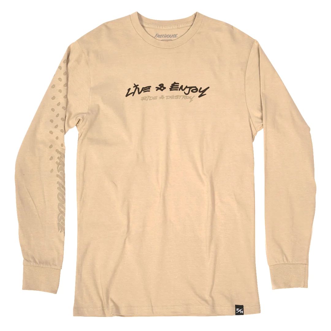 Cream long-sleeve tee with Live & Enjoy graphic and crew neckline