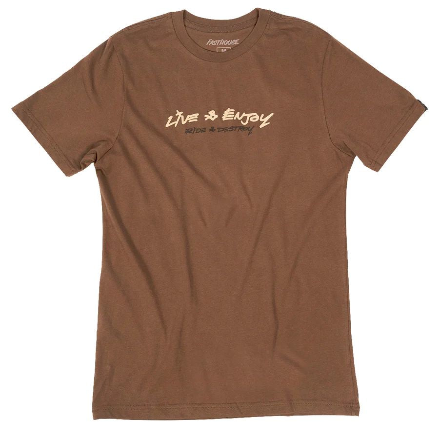 Brown crewneck graphic T-shirt with 'Live to Enjoy' chest print