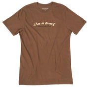 Brown crewneck graphic T-shirt with 'Live to Enjoy' chest print