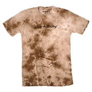 Brown and white tie-dye crewneck graphic T-shirt with 'Live to Enjoy' print