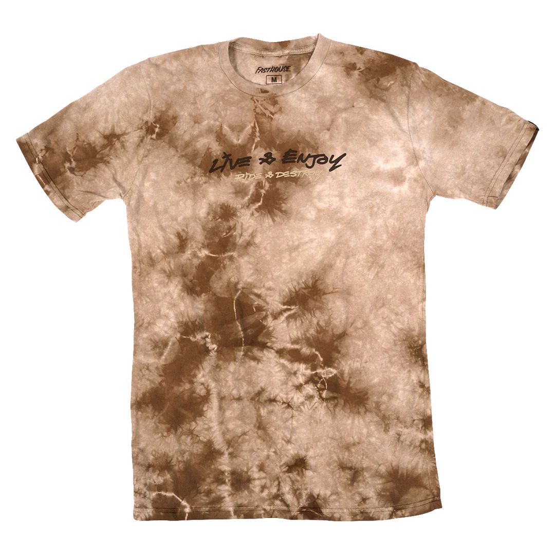 Brown and white tie-dye crewneck graphic T-shirt with 'Live to Enjoy' print