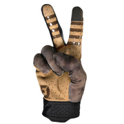 Gray-speckled glove with tan palm interior and black gauntlet cuff