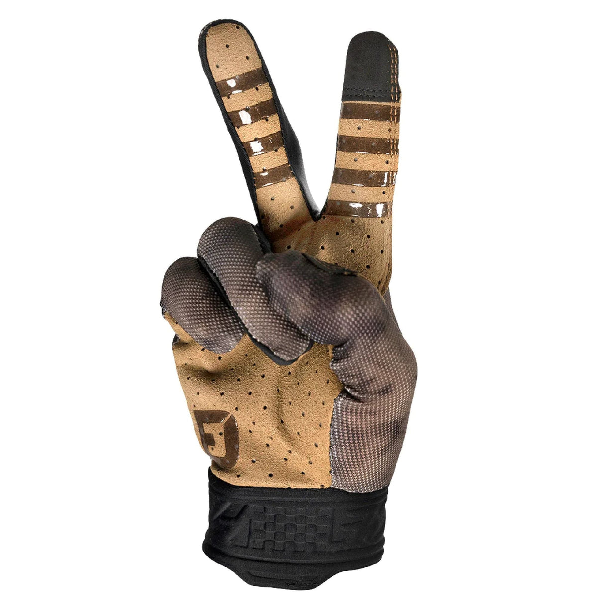 Gray-speckled glove with tan palm interior and black gauntlet cuff