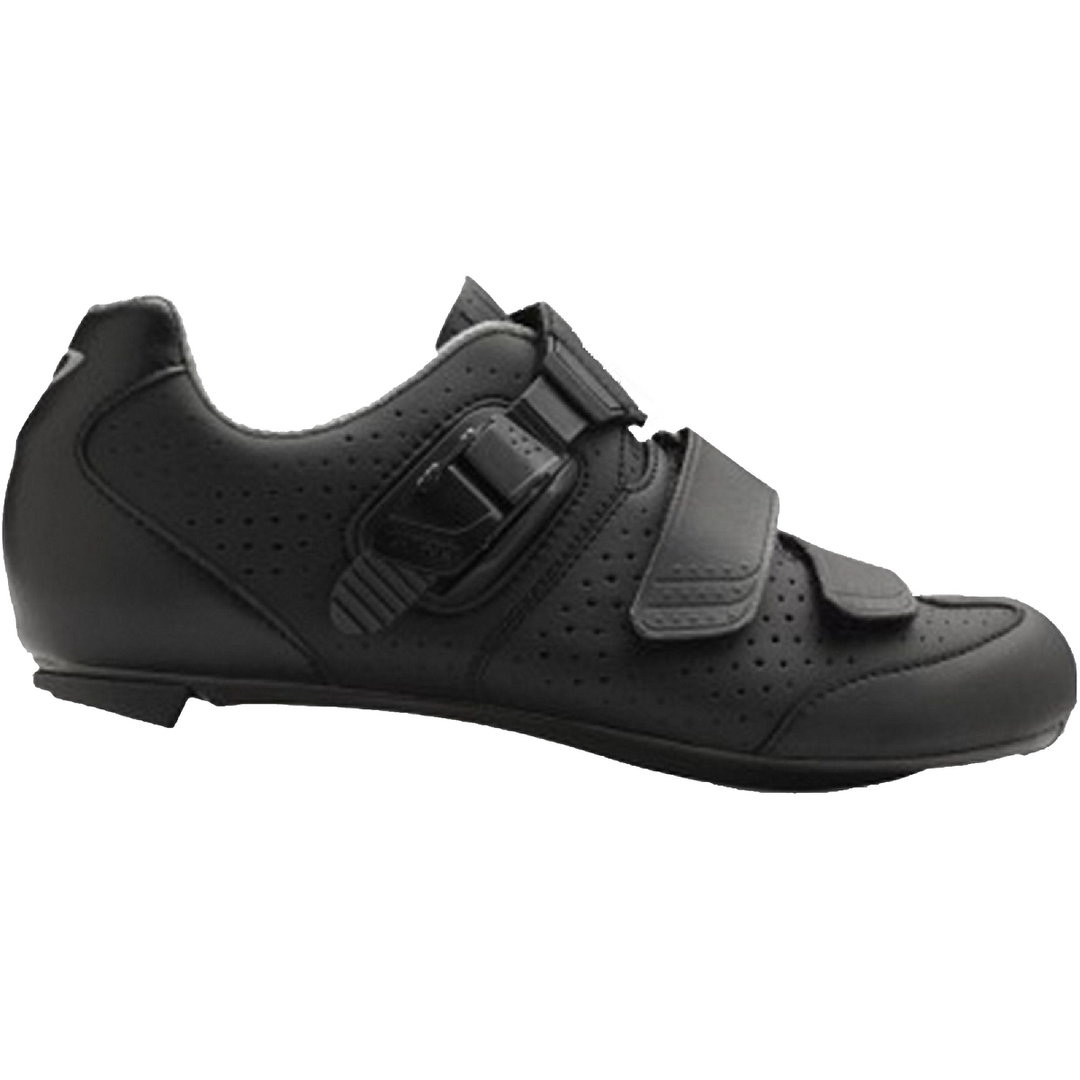 Black cycling shoe with perforated upper and two adjustable hook-and-loop straps