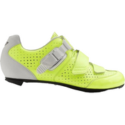 Neon yellow cycling shoe with perforated upper and dual hook-and-loop straps