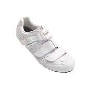 White cycling shoe with perforated upper and three adjustable Velcro straps