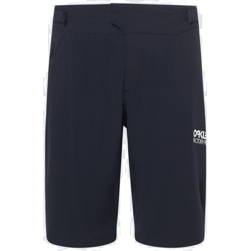 Black Oakley Factory Pilot RC shorts, front view, with side pockets and logo