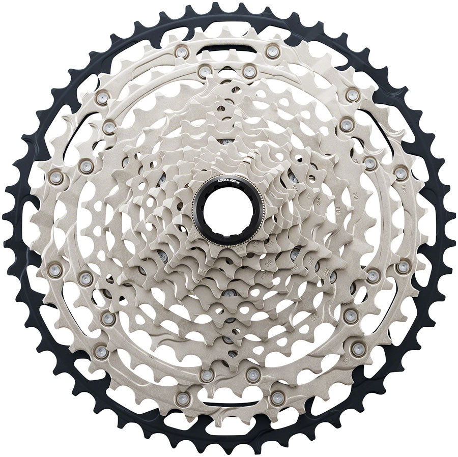 12-speed bike cassette, silver sprockets with black splined lockring
