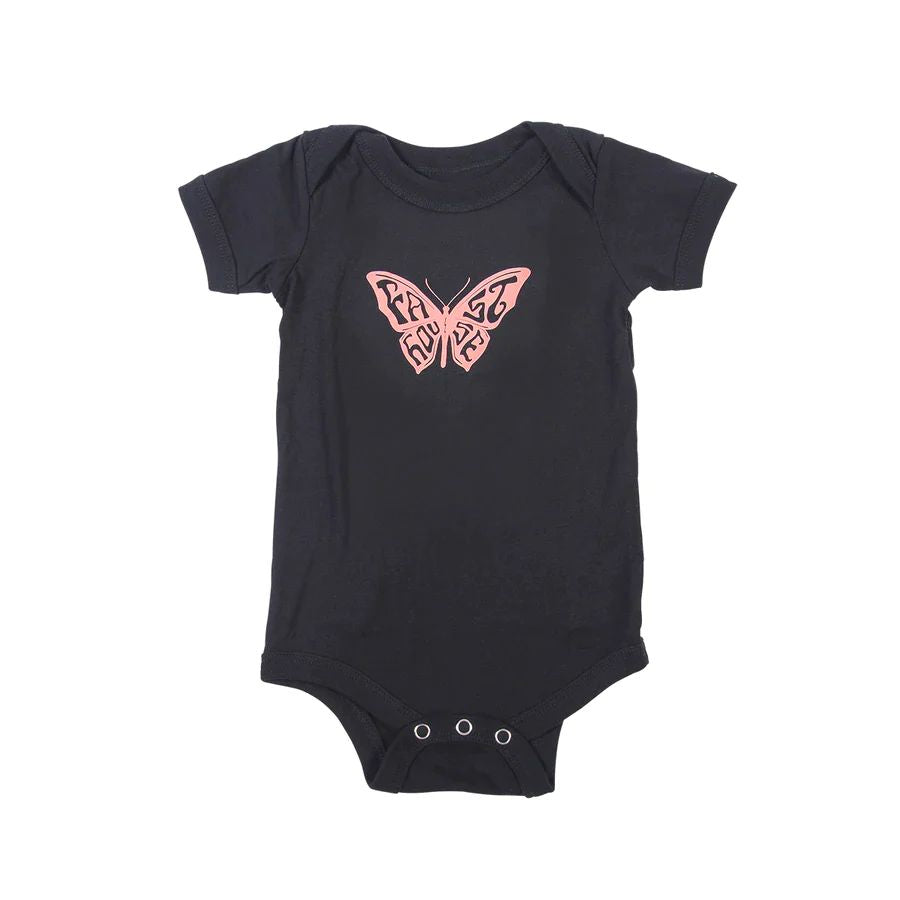 Infant black graphic onesie with pink logo and snap-button bottom