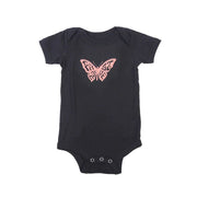 Infant black graphic onesie with pink logo and snap-button bottom