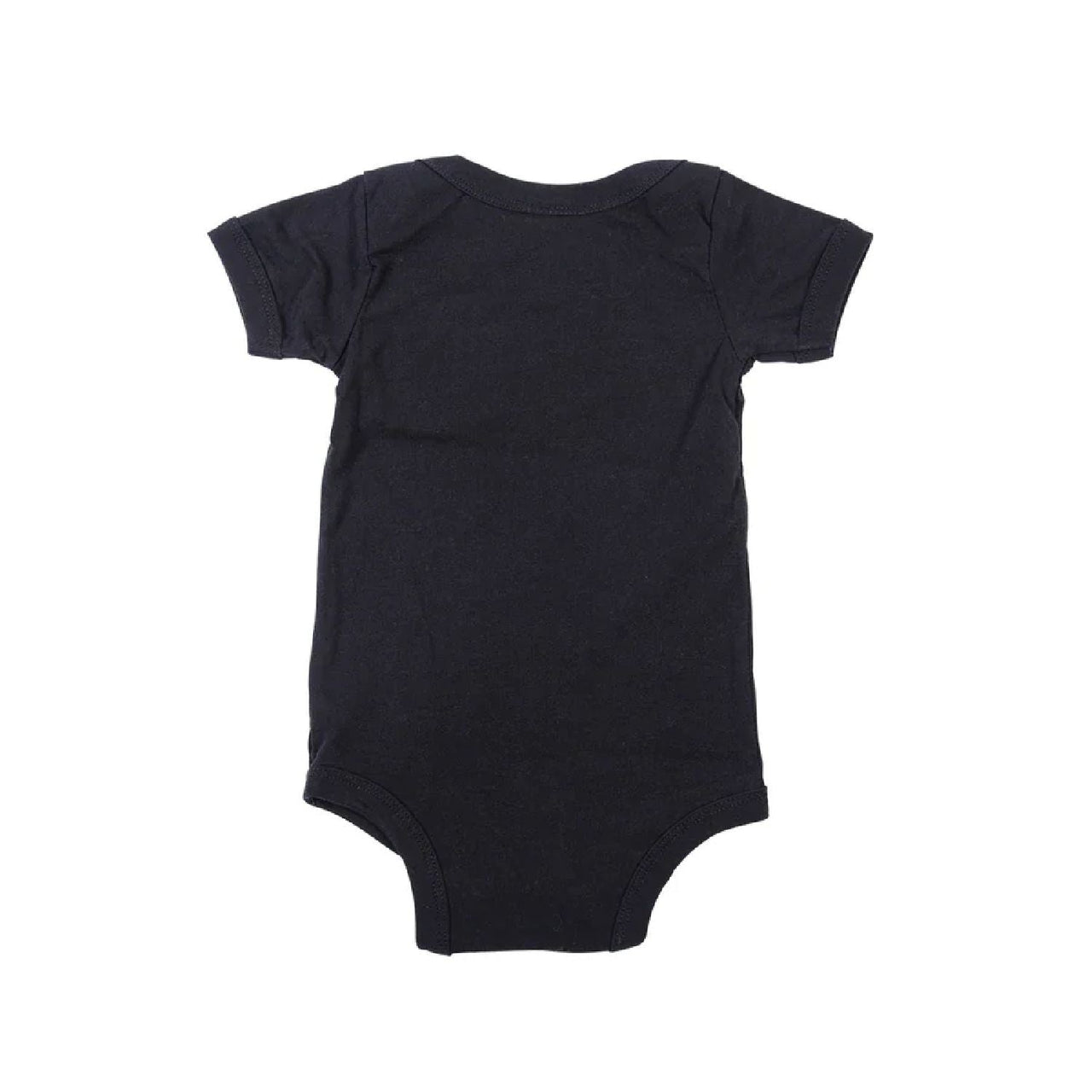 Infant black short-sleeve onesie, plain back with snap-button crotch