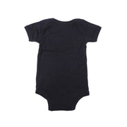 Infant black short-sleeve onesie, plain back with snap-button crotch