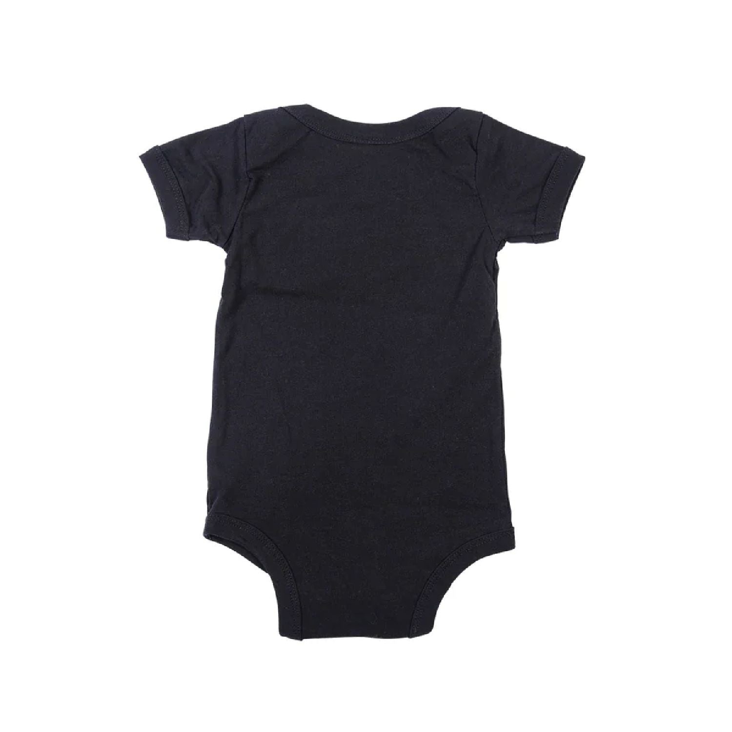 Infant black short-sleeve onesie, plain back with snap-button crotch