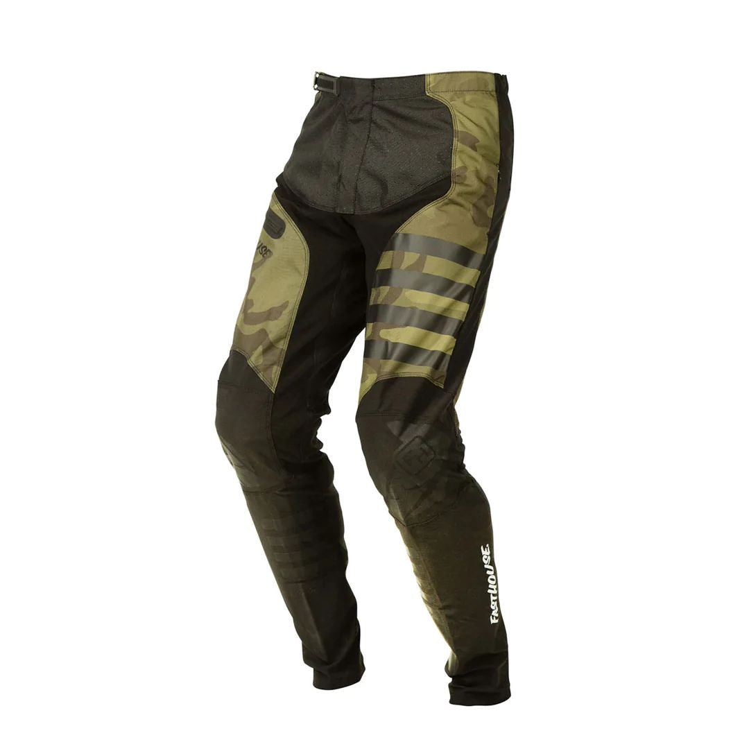 Fasthouse Youth Fastline 2.0 pant in olive camo with gray reflective stripe graphics