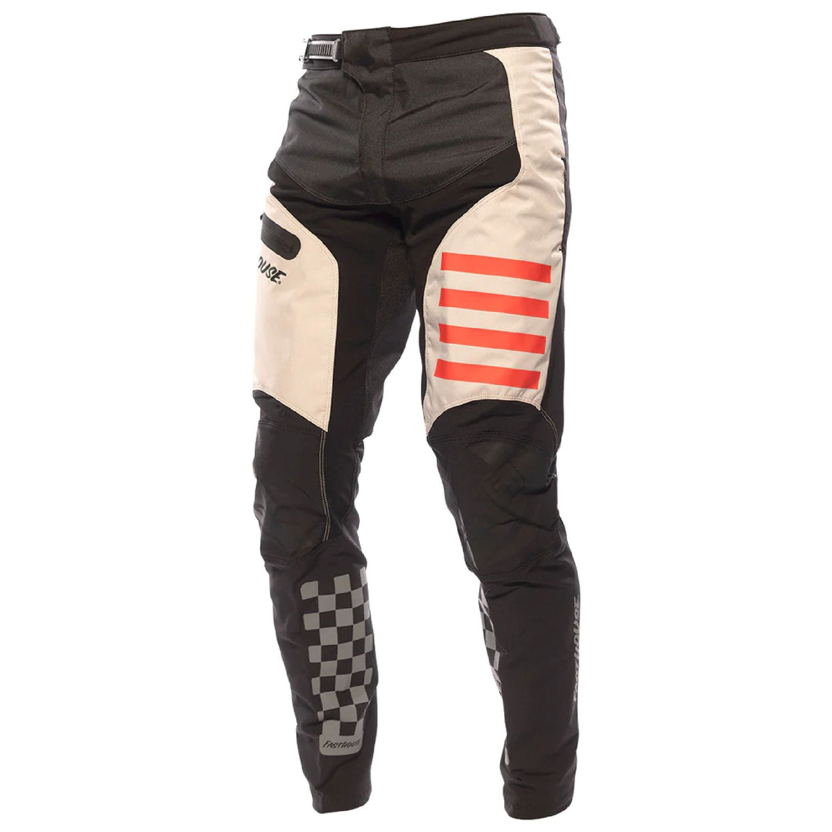 Black and cream riding pants with red graphic thigh, checkered lower panels, zip fly