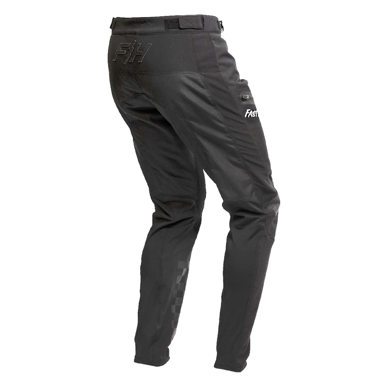 Men's black riding pants with zip fly, belt loops, logo at thigh