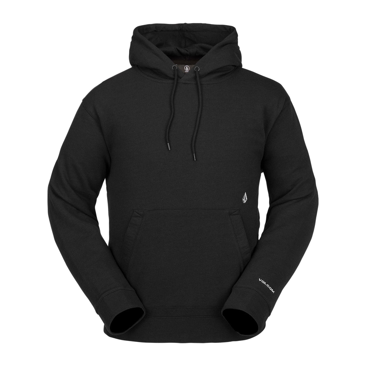 Black fleece hoodie with drawstring hood and kangaroo pocket