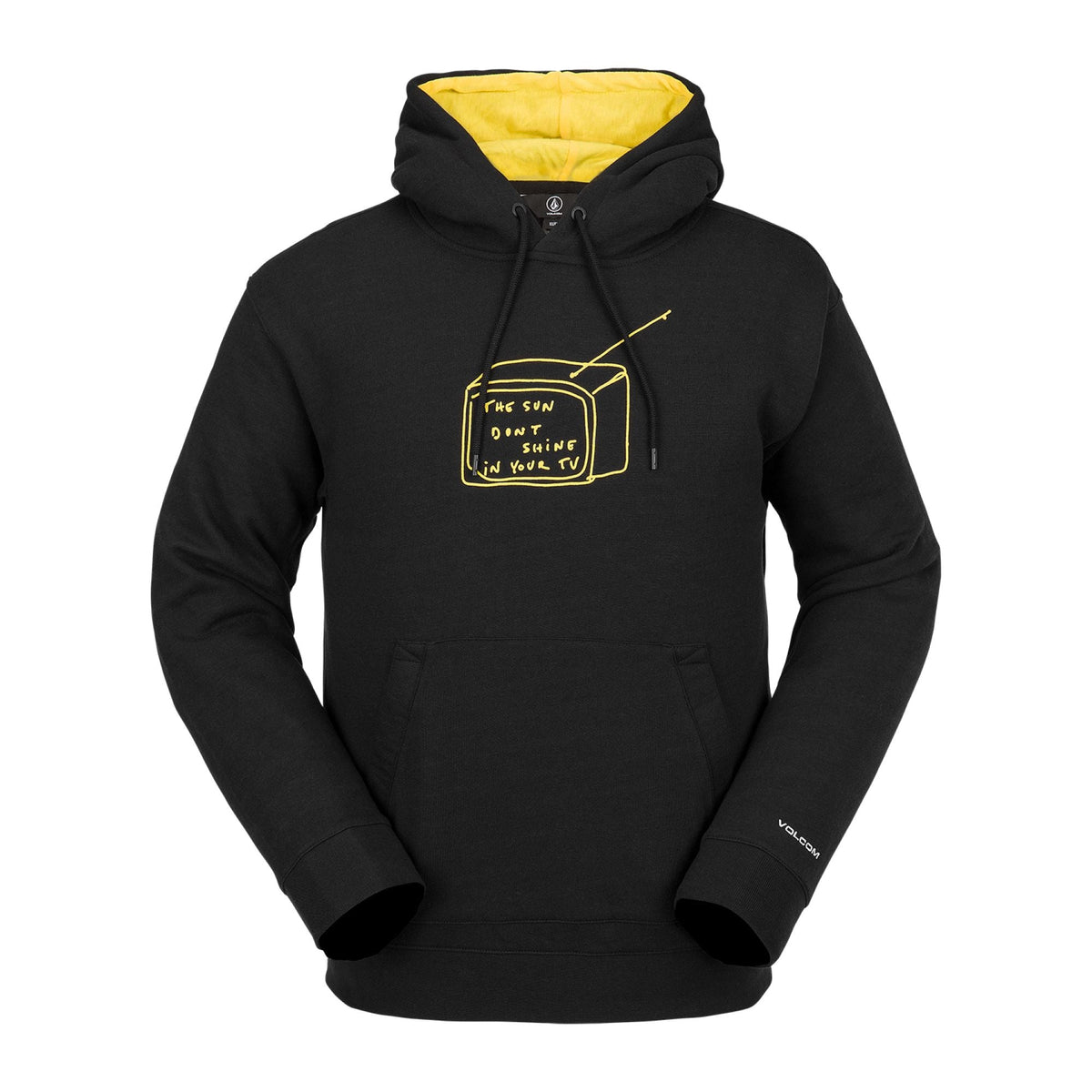 Black fleece hoodie with yellow logo graphic, drawstring hood, and pouch pocket