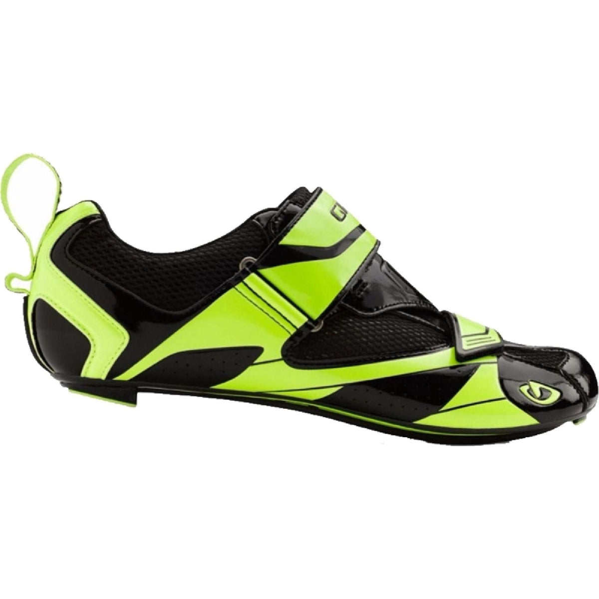 Triathlon shoe in black and highlighter yellow, hook-and-loop straps, cleat cover
