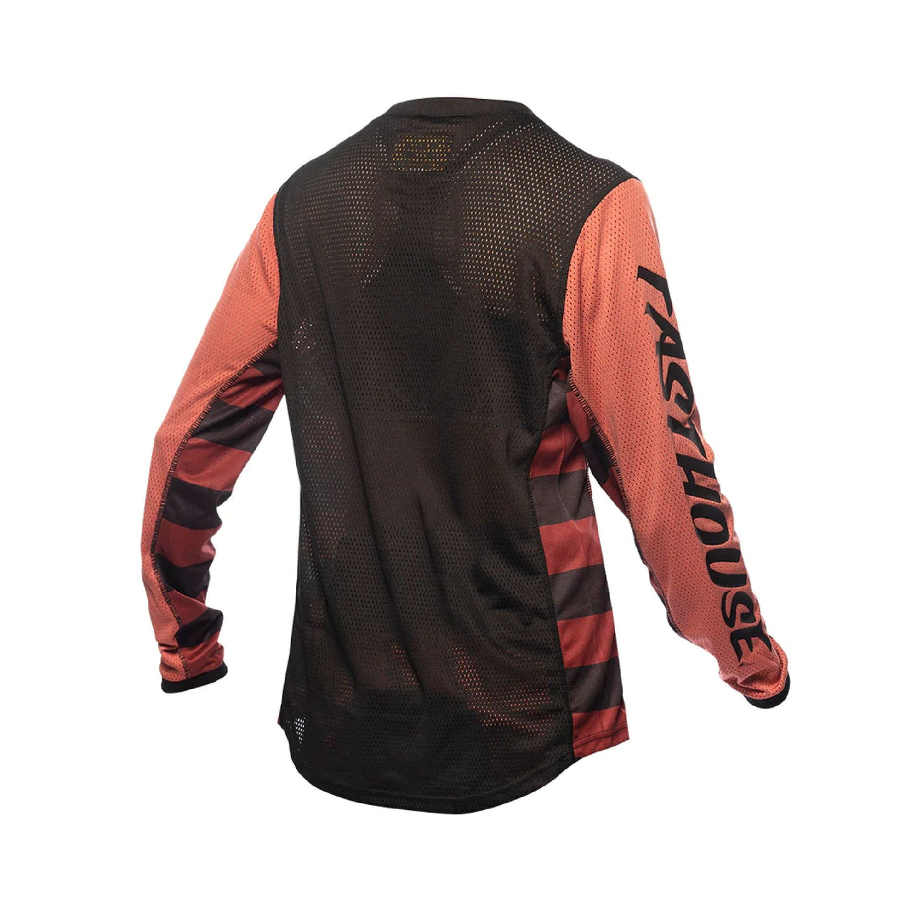 Fasthouse youth girls long-sleeve jersey, black mesh back with coral sleeves and stripes
