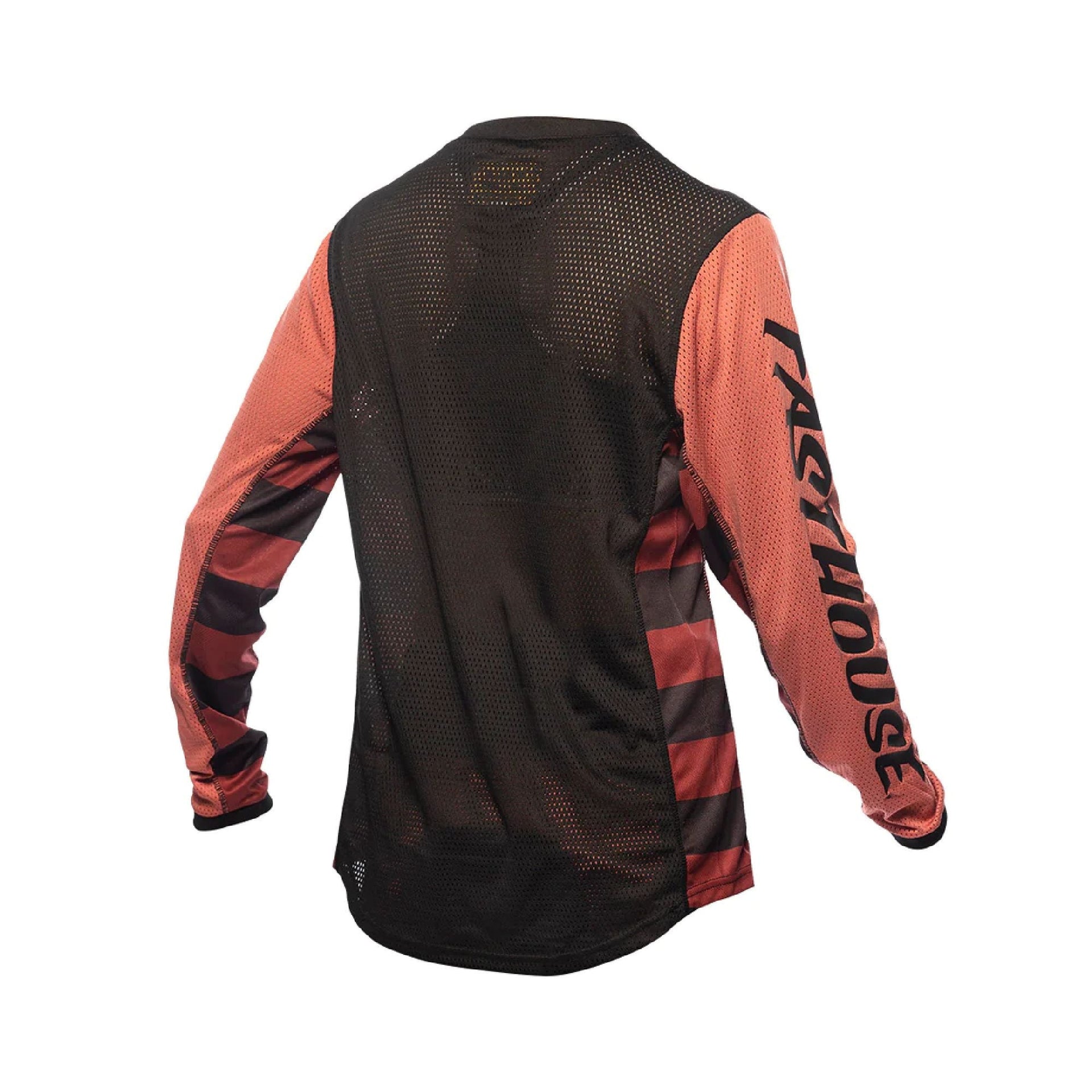 Fasthouse youth girls long-sleeve jersey, black mesh back with coral sleeves and stripes