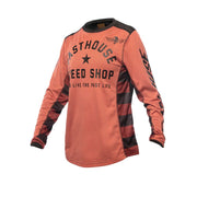 Fasthouse youth girls long-sleeve jersey, coral front with black mesh and graphics