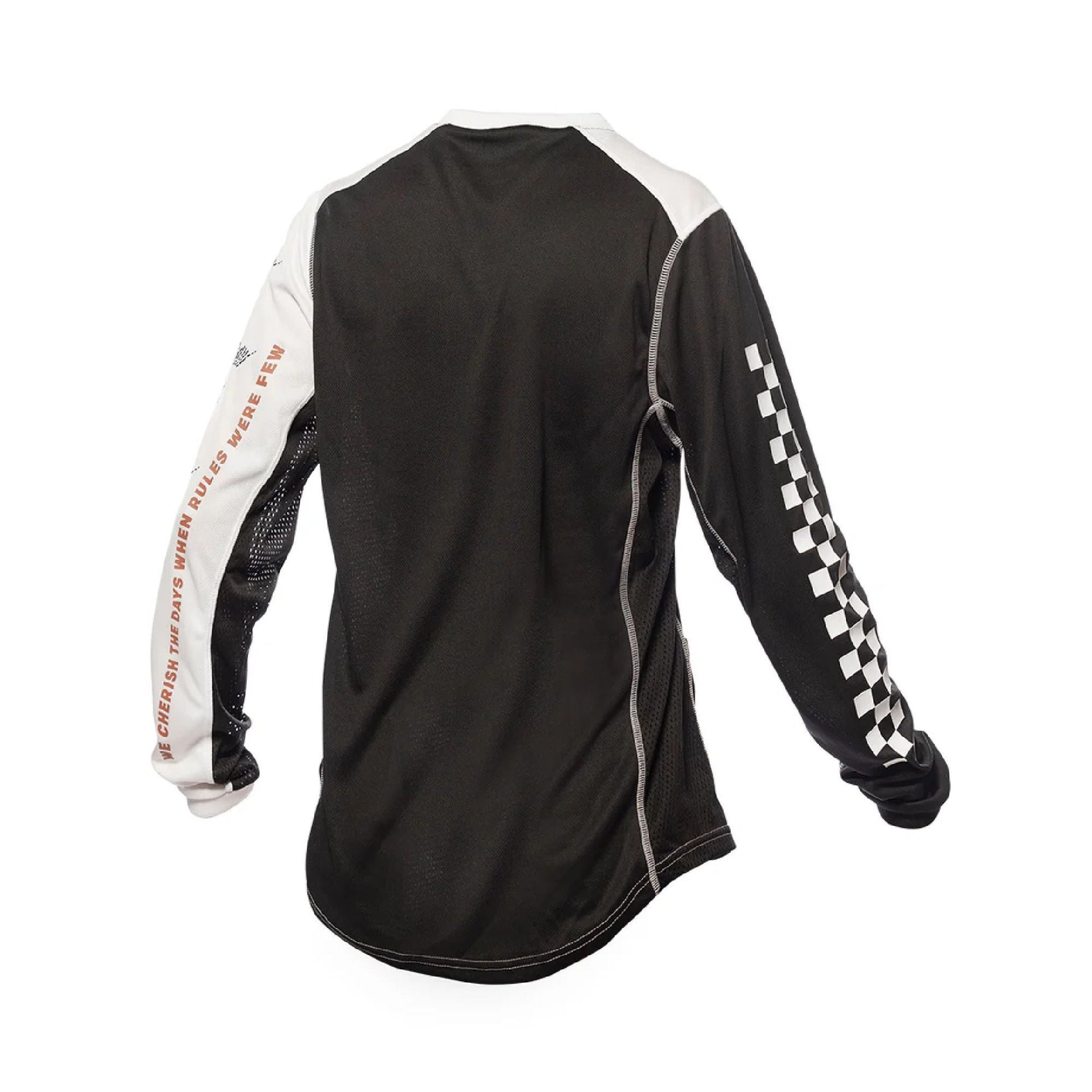 Black youth jersey back view with white sleeves and checkered side detail