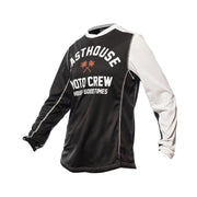 Black long-sleeve youth jersey with white sleeves and bold front graphic