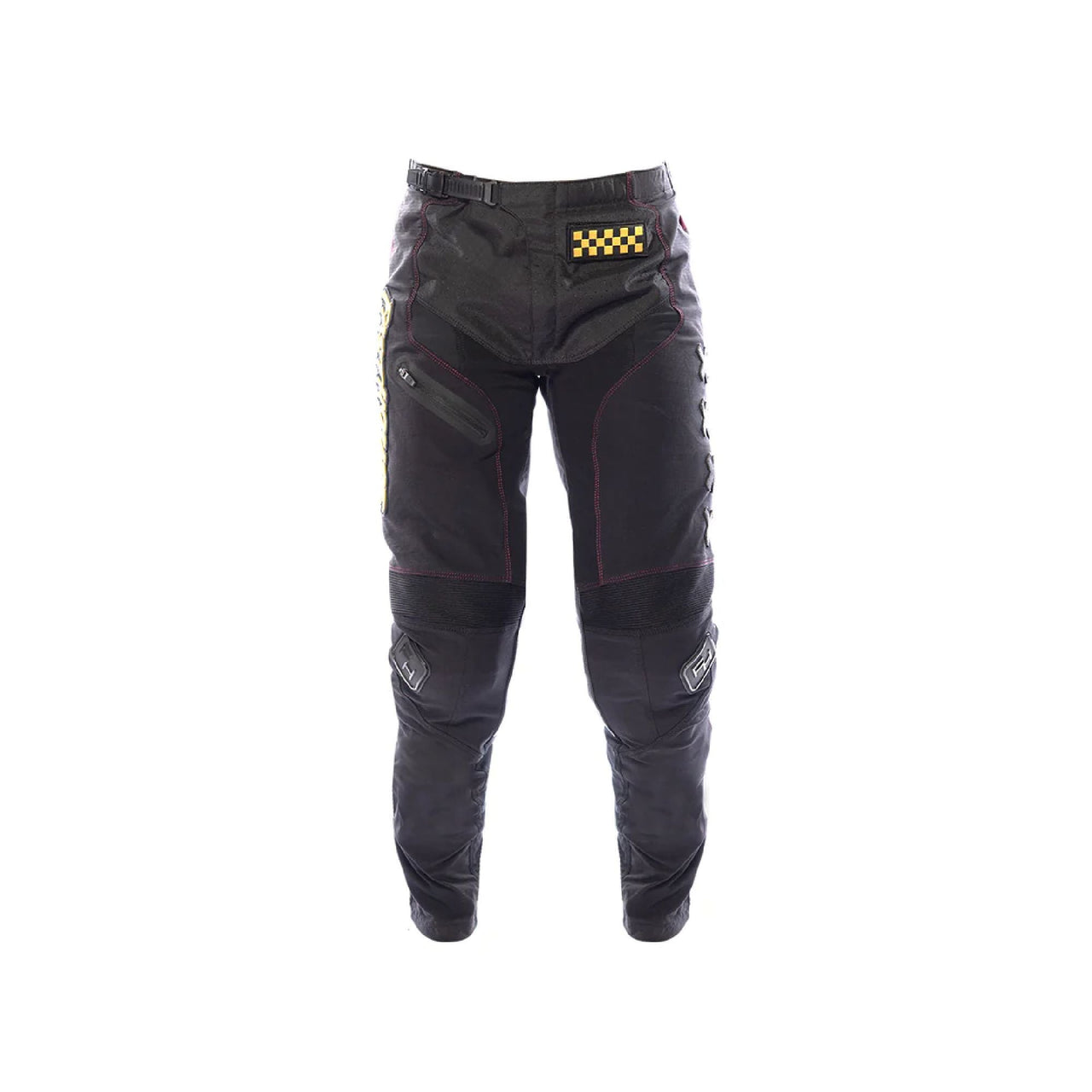Girls' black riding pants with checkered logo patch and molded knee panels, articulated fit
