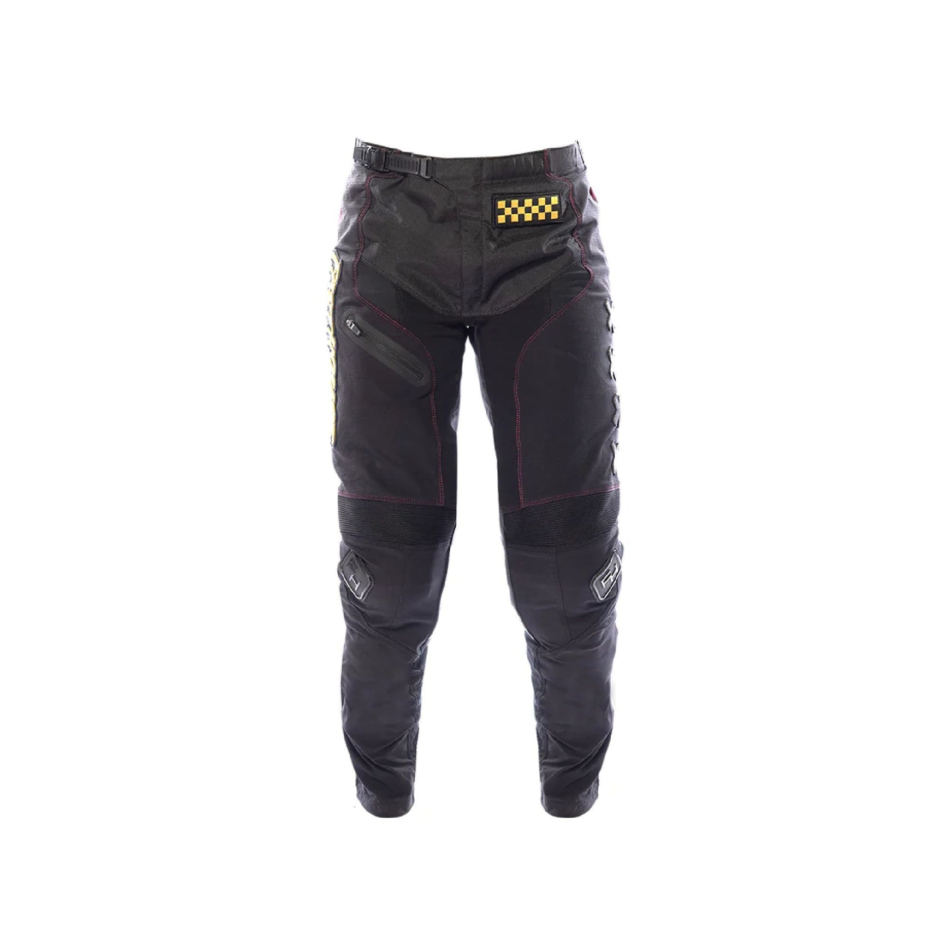 Girls' black riding pants with checkered logo patch and molded knee panels, articulated fit