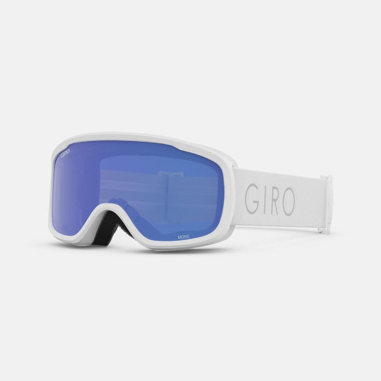 White snow goggles with blue lens and GIRO logo strap