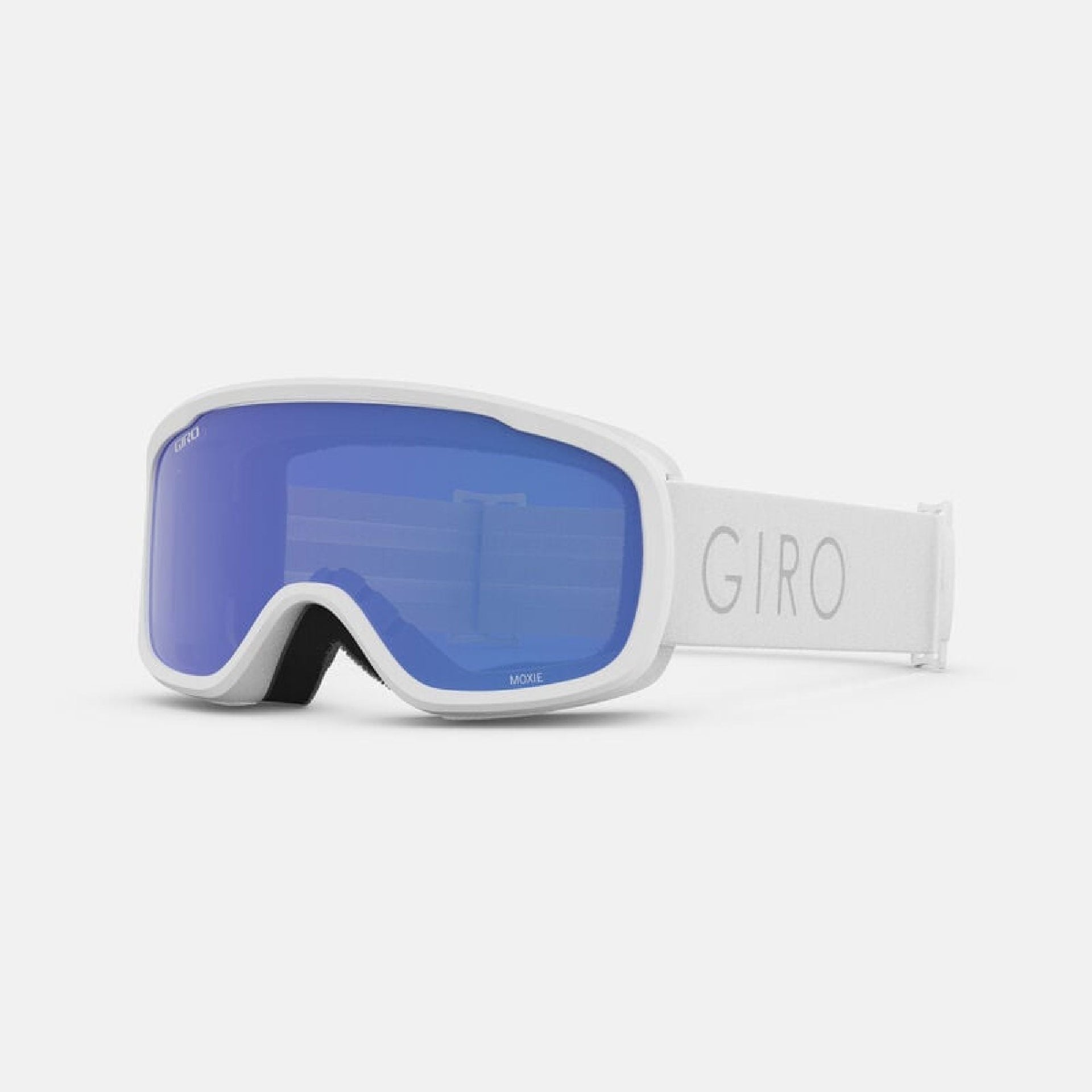 White snow goggles with blue lens and GIRO logo strap