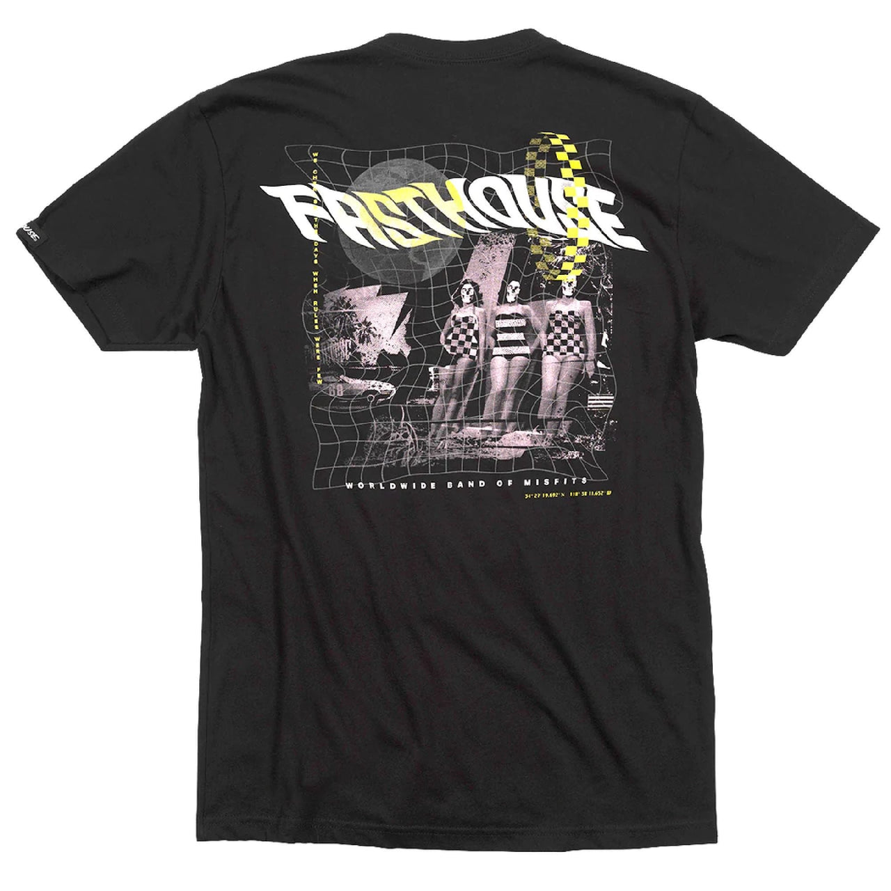Black short-sleeve T-shirt with large back graphic and checker artwork