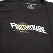 Black short-sleeve T-shirt close-up of Fasthouse Glitch logo print