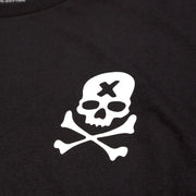 Black crewneck short-sleeve tee with white skull-and-crossbones front logo