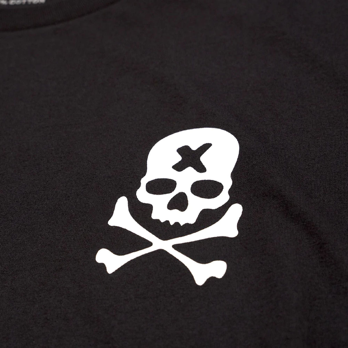 Black crewneck short-sleeve tee with white skull-and-crossbones front logo
