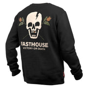 Black crew neck pullover sweatshirt with Fasthouse skull back print and slogan