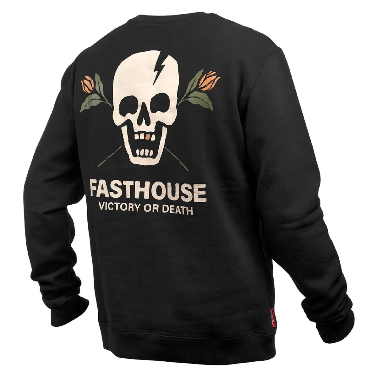 Black crew neck pullover sweatshirt with Fasthouse skull back print and slogan