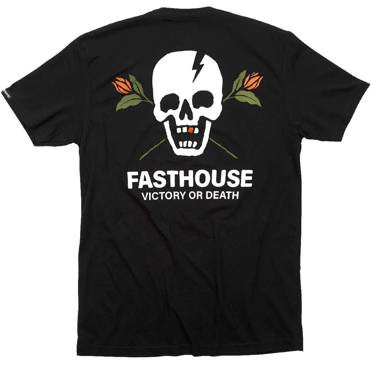 Black short-sleeve graphic T-shirt, back skull with FASHTOUSE text and laurel