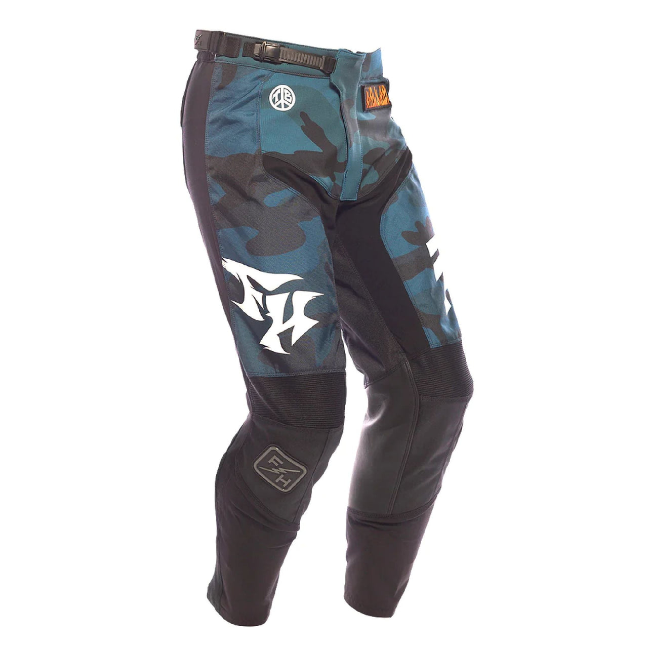 Blue camo riding pants with black panels, orange logo and white emblem on thigh