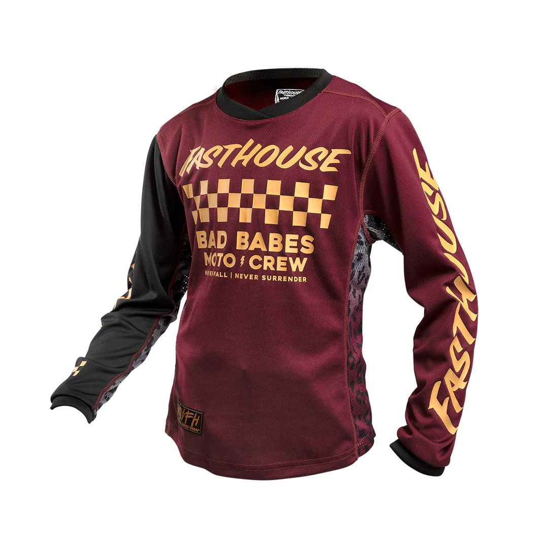 Girls' maroon crew jersey with long sleeves and bold front checkered graphic